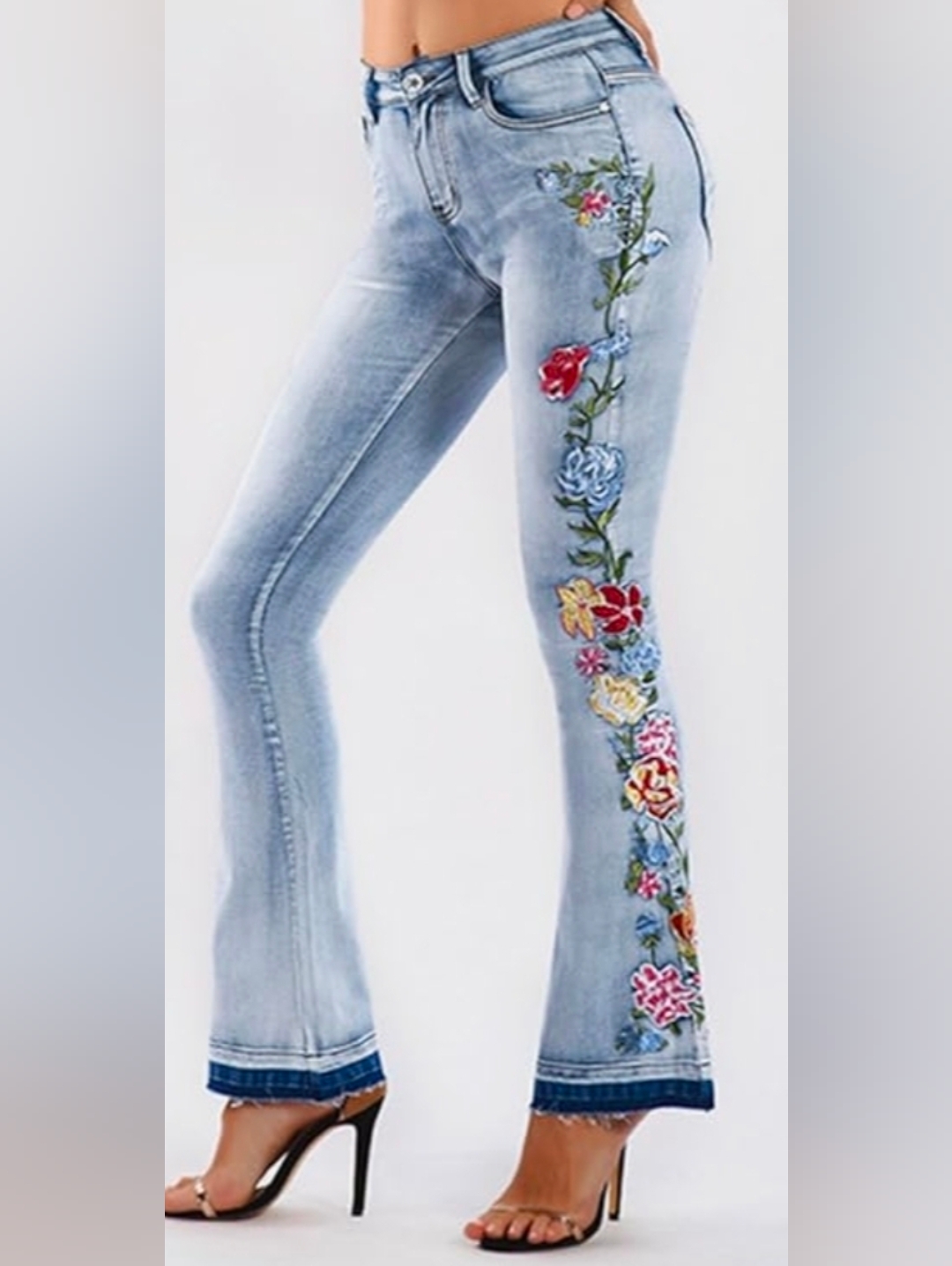 Boho Cottagecore Embroidered Floral Flared Bell-Bottom Jeans